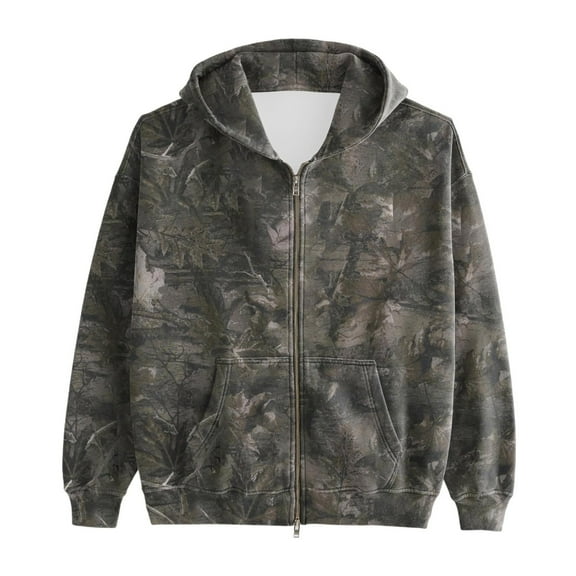 Womens Camo Zip Up Hoodies Fall Trendy Maple Leaf Graphic Long Sleeve Jackets with Pockets Lightweight Casual Loose Fit Coat