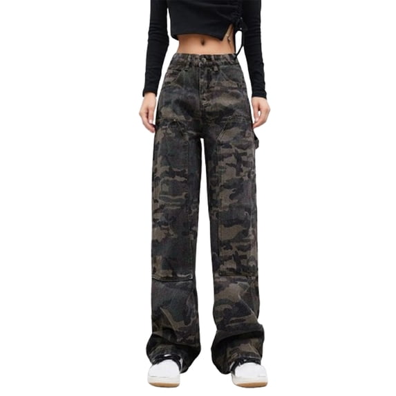 Womens Cargo Jeans High Waisted Wide Leg Pants Retro Camo Loose Fit Straight Trousers Streetwear