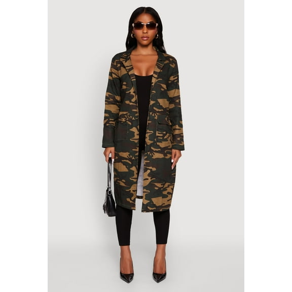 Womens Camouflage Open Front Trench Coat