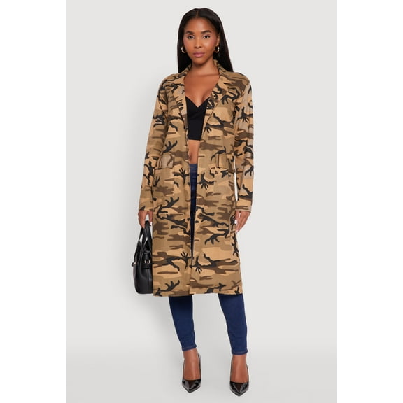 Womens Camouflage Open Front Trench Coat