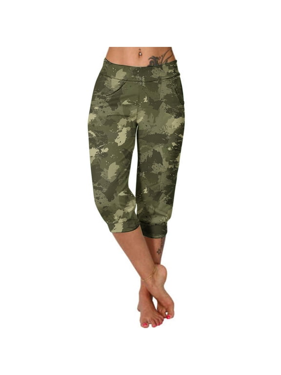 Womens Camouflage Print Cropped Pants Stylish Exercise Yoga Casual Leggings Everyday Fitness Running Hiking Lounge Trousers Army Green M