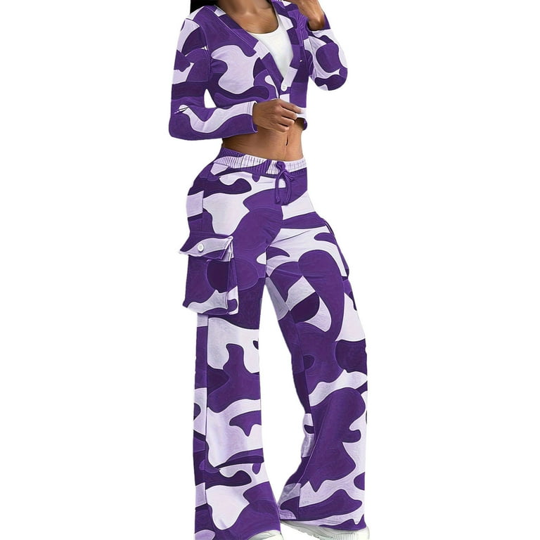 Womens Camouflage Tracksuit Sets Button V Neck Sexy Crop Top Matching Wide Leg Cargo Pants 2 Piece Sweatsuit Outfits