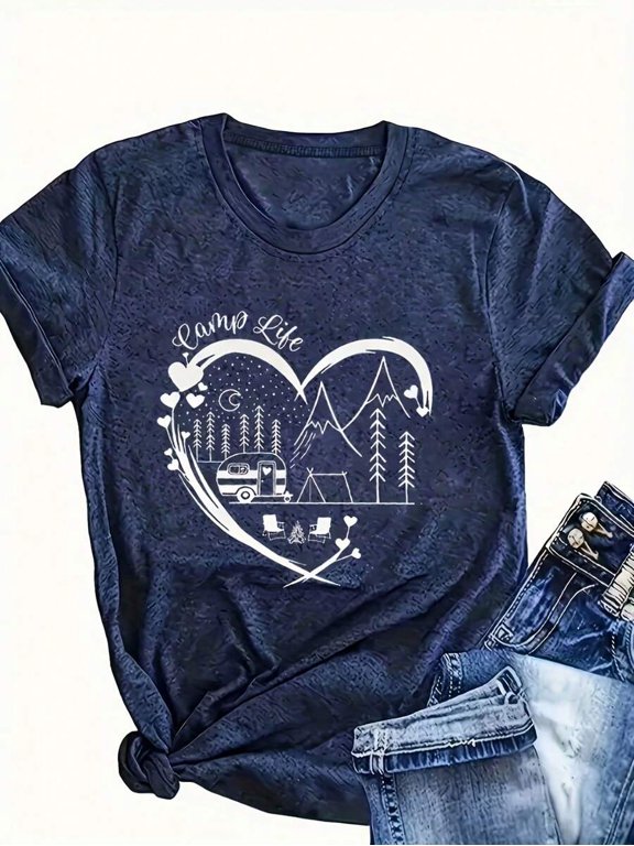 Womens Camp Life Graphic T-Shirt - Heart-Shaped Mountain & Camper Van Print, Navy Blue, 1 Pack