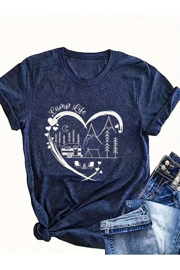 Womens Camp Life Graphic T-Shirt - Heart-Shaped Mountain & Camper Van Print, Navy Blue, 1 Pack