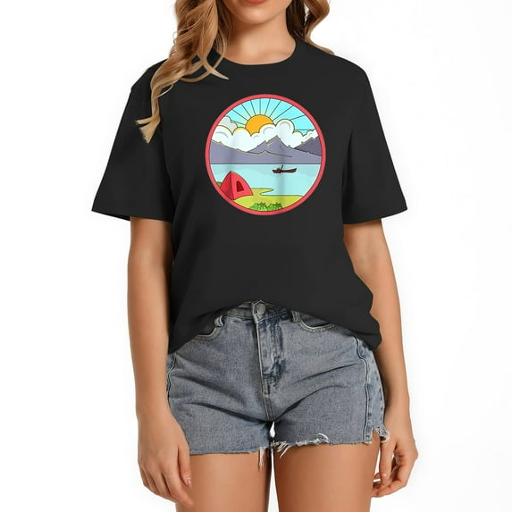 Womens Camping Tent Mountains Landscape Gift Hiking & Nature Lovers Raglan Baseball Tee