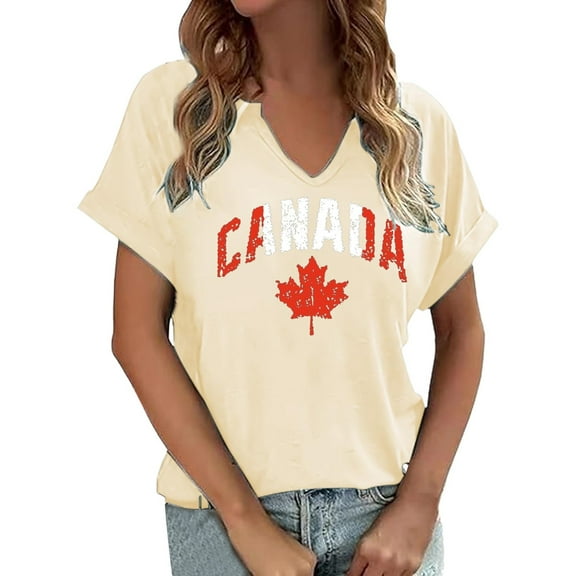 Womens Canada Day T Shirts Short Sleeve Trendy Canadian Flag Graphic Print Tunic Tops Summer Casual Regular Fit Pullover Shirts