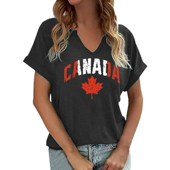 Womens Canada Day T Shirts Short Sleeve Trendy Canadian Flag Graphic Print Tunic Tops Summer Casual Regular Fit Pullover Shirts