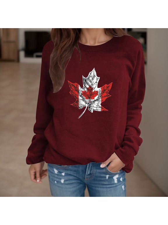 Womens Canada Maple Leaf Sweatshirt Crew Neck Long Sleeve Pullover Ribbed Relaxed Fit Canadian Tops M