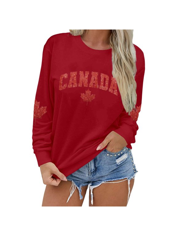 Womens Canada Maple Leaf Sweatshirt Crewneck Long Sleeve Loose Fit Pullover Top with Glitter Fall Casual Sweatshirts