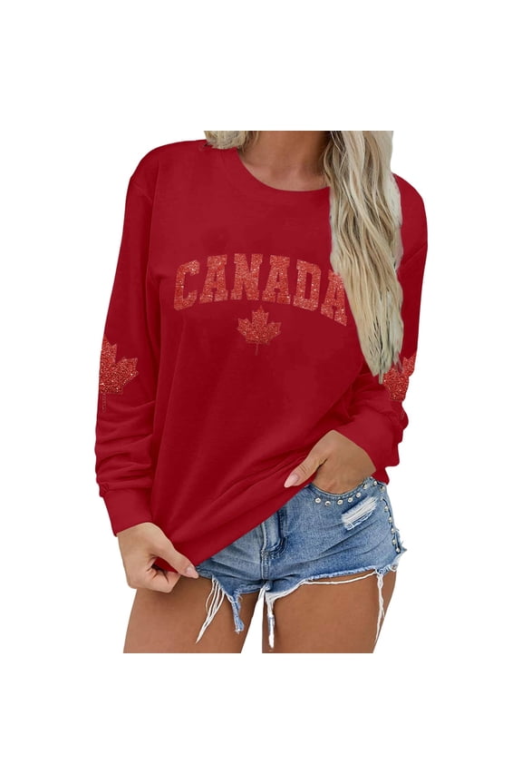 Womens Canada Maple Leaf Sweatshirt Crewneck Long Sleeve Loose Fit Pullover Top with Glitter Fall Casual Sweatshirts