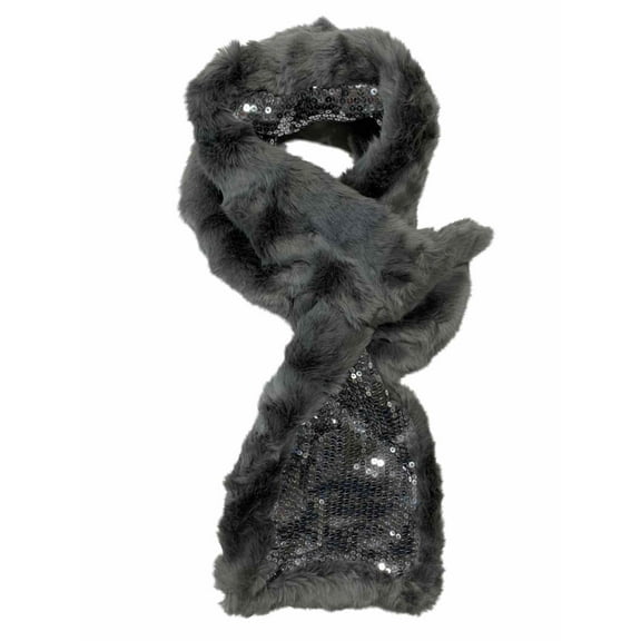 Womens Candies Grey Pull Through Sparkling Sequin & Faux Fur Scarf