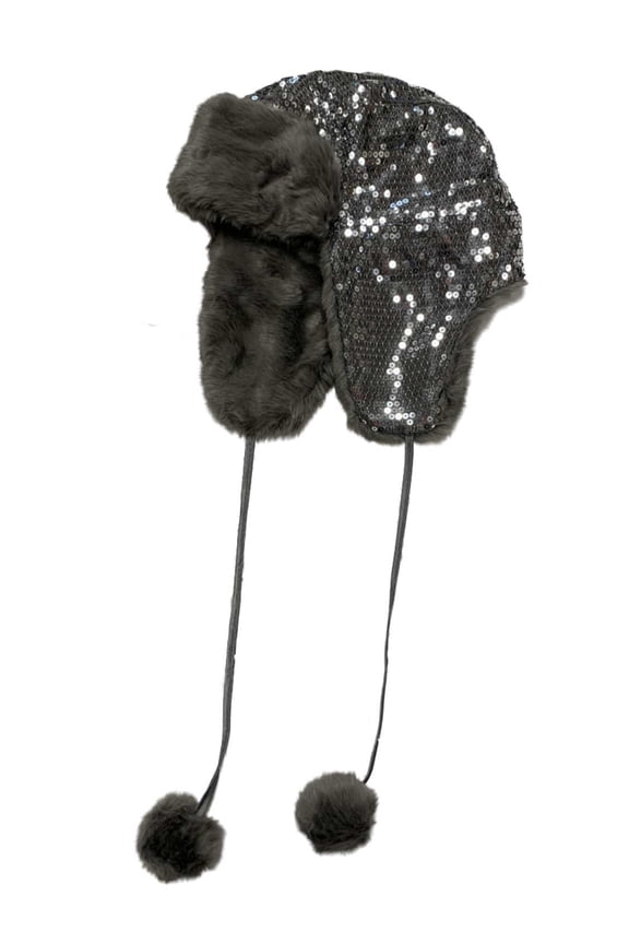 Womens Candies Silver Sparkling Sequin & Grey Faux Fur Lined Pom Pom Hat