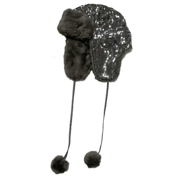 Womens Candies Silver Sparkling Sequin & Grey Faux Fur Lined Pom Pom Hat