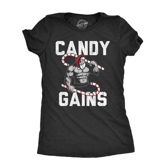 Womens Candy Gains T Shirt Funny Xmas Buff Ripped Santa Claus Workout Joke Tee for Ladies Womens Graphic Tees
