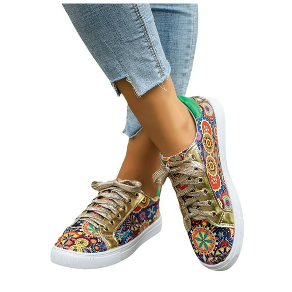 Womens Canvas Shoes VIntage Bohemian Print Lace up Tennis Shoes Low Top Fashion Sneakers Casual Skateboard Athletic Shoes Gold Size 8.5