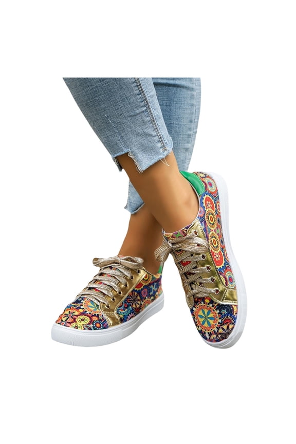 Womens Canvas Shoes VIntage Bohemian Print Lace up Tennis Shoes Low Top Fashion Sneakers Casual Skateboard Athletic Shoes Gold Size 8.5