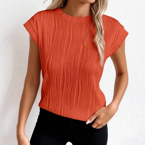 Womens Cap Short Sleeve Textured Tops Crewneck Knit Solid Loose Casual Basic T Shirts Tee Blouses,Orange,S