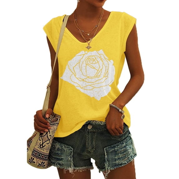 Women Cap Sleeve Blouses Rose Graphic Tees T-Shirt Casual V Neck Tank Tops Loose Fit Summer Basic Shirts