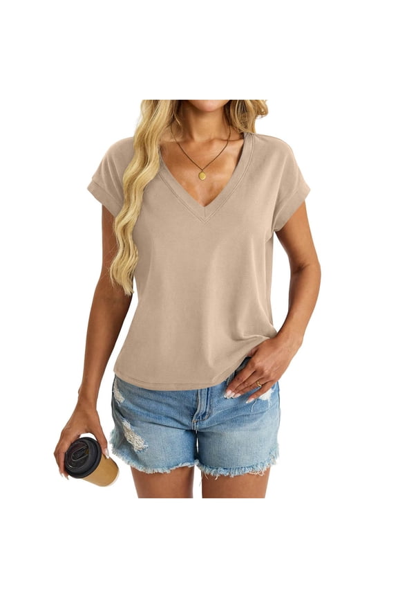 Womens Cap Sleeve Crop Tops Cotton V Neck T Shirt Boxy Loose Fit Short Sleeves Tee Summer Fashion Clothes