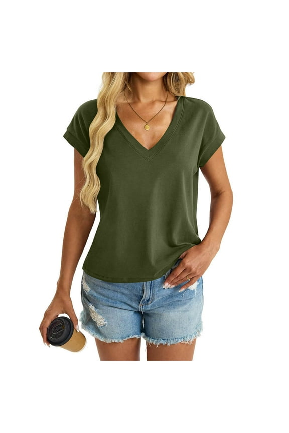Womens Cap Sleeve Crop Tops Cotton V Neck T Shirt Boxy Loose Fit Short Sleeves Tee Summer Fashion Clothes