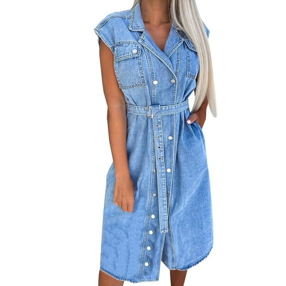 Womens Cap Sleeve Denim Shirt Dress Stylish Loose Button Down Midi Casual Jean Dresses with Belt