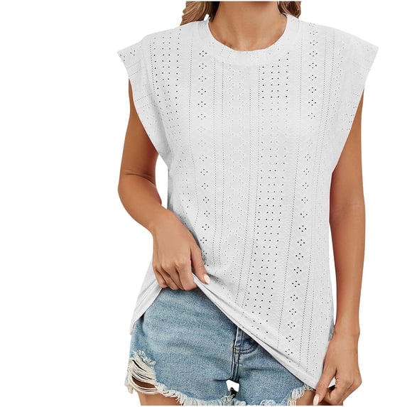 Womens Cap Sleeve Eyelet Top T-shirt Dressy Casual Loose Fit Tank Tops Round Neck Solid Color Tunic Tops (Large, White)