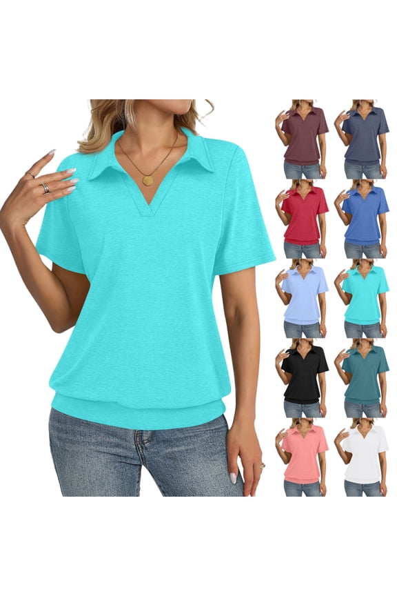 Womens Cap Sleeve Polo Shirts Summer V Neck Banded Bottom Collared Tops Casual Loose Fit Boxy Tees,Cyan M