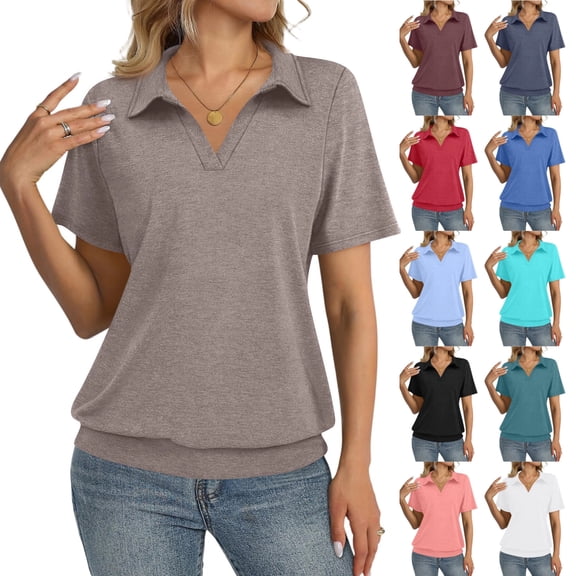 Womens Cap Sleeve Polo Shirts Summer V Neck Banded Bottom Collared Tops Casual Loose Fit Boxy Tees,Light Brown Xxl