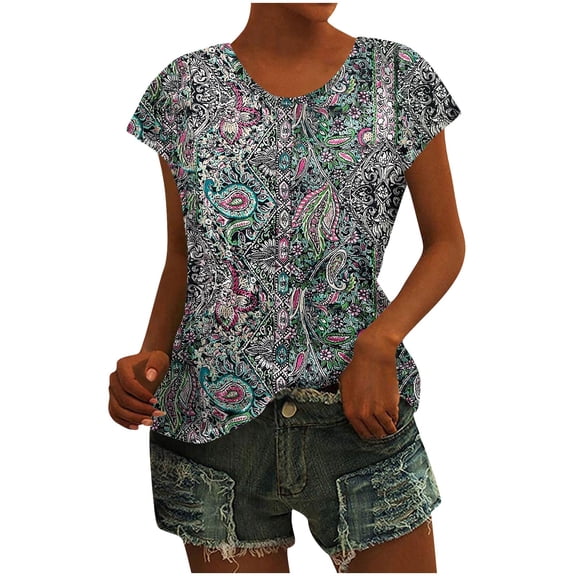 Womens Cap Sleeve Shirts Floral Printed Crew Neck Tops Casual Loose Fit Basic Tee Summer Comfy Soft Clothes (S, Blue)