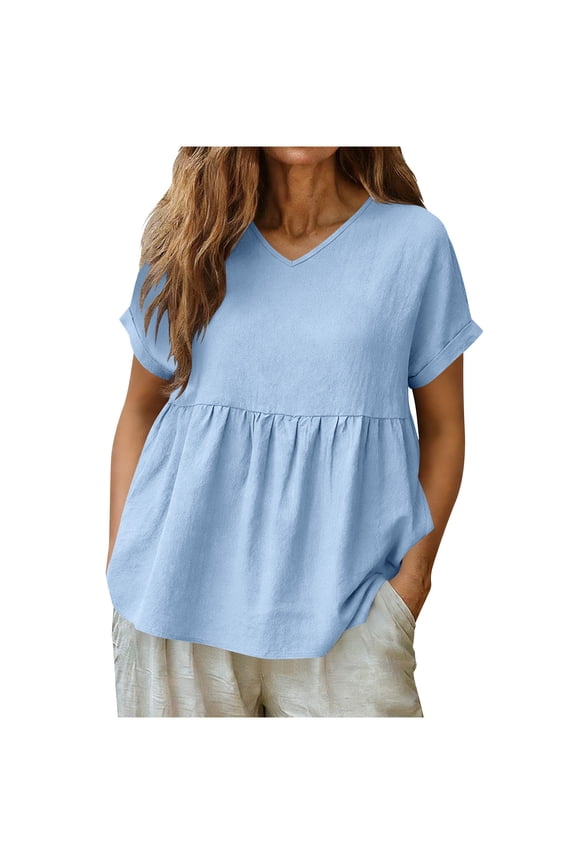 Womens Cap Sleeve Shirts Trendy Ruffle Crew Neck Cotton Linen Button Down Blouse Summer Loose Fit Short Sleeve Tops