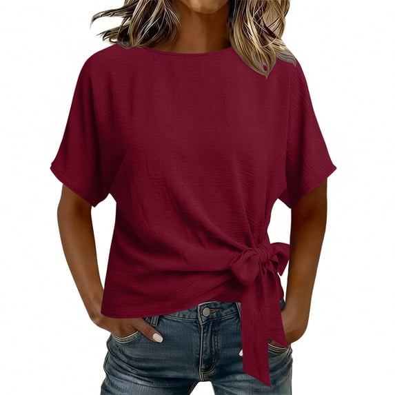 Womens Cap Sleeve T Shirts 2026 Tie Waist Wrap Tops Crew Neck Short Sleeve Blouses Dressy Casual Tunics Loose Fit Work Business Outfits Lightweight Going Out Tops 2026 Fall Outfits(Red,L)
