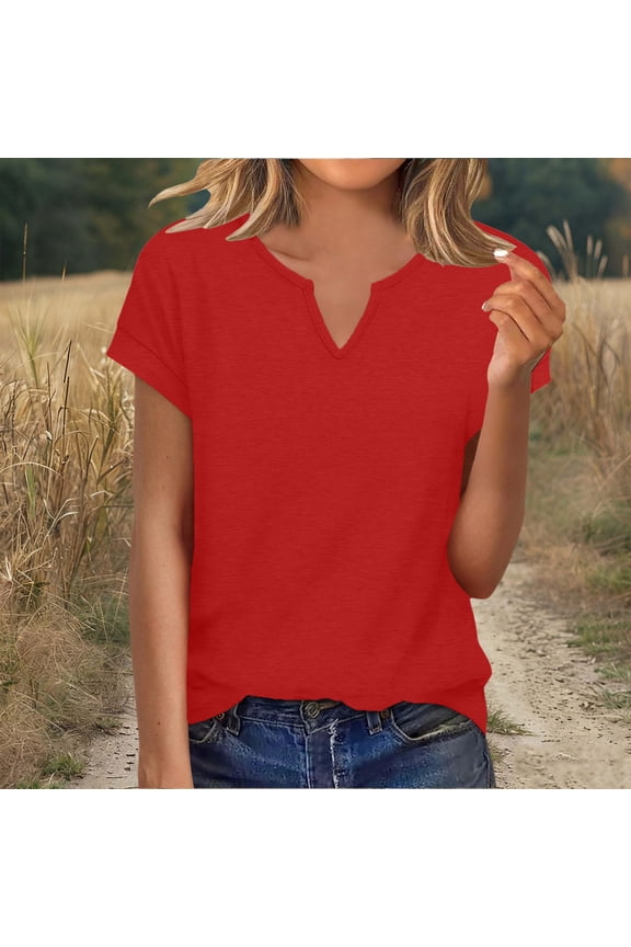Womens Cap Sleeve T Shirts Summer V Neck Tops Business Casual Loose Fitting Beach Vacation Basic Tees Red XXL