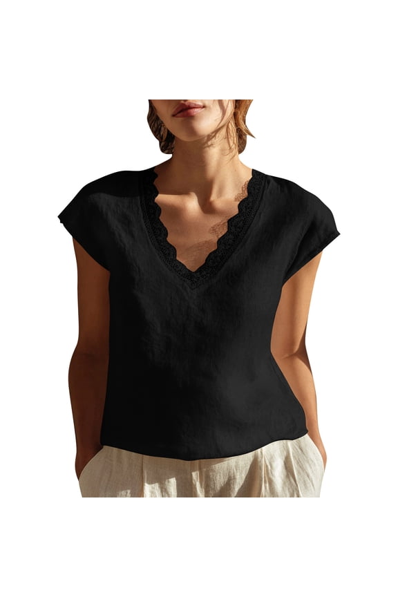 Womens Cap Sleeve V Neck Lace Trim Textured Blouses Dressy Casual Business Work Tops Summer Clothes Loose Fit Solid Shirts 2026 Fashion Everyday Basic Pullover Tops