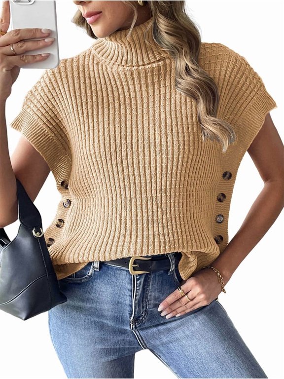 Womens Cap Sleeves Sweater Vest Turtle-Neck Ribbed Knit Tank Tops Basic Slim Fit Top Camel One size
