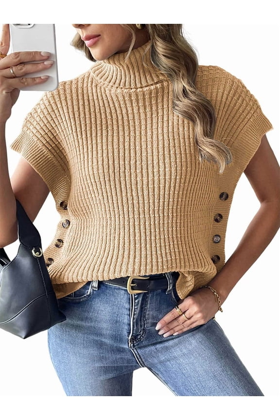 Womens Cap Sleeves Sweater Vest Turtle-Neck Ribbed Knit Tank Tops Basic Slim Fit Top Camel One size