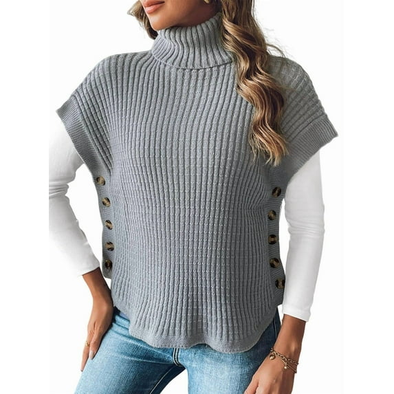 Womens Cap Sleeves Sweater Vest Turtle-Neck Ribbed Knit Tank Tops Basic Slim Fit Top Grey One size