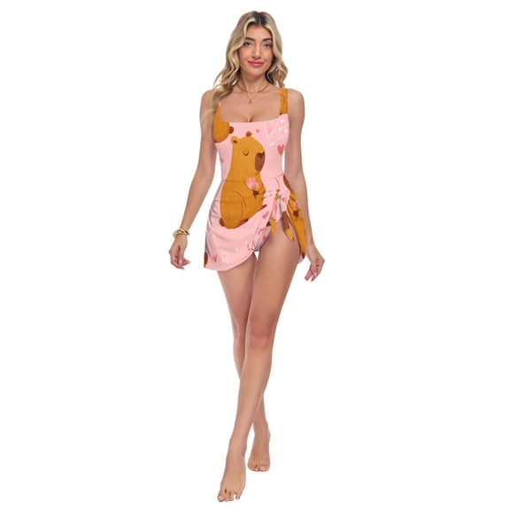 Womens Capibala Holding Flowers Pattern Print 2-in-1 Swim Dress Detachable Skirt One-Piece Swimsuit Square Neck S-XXL