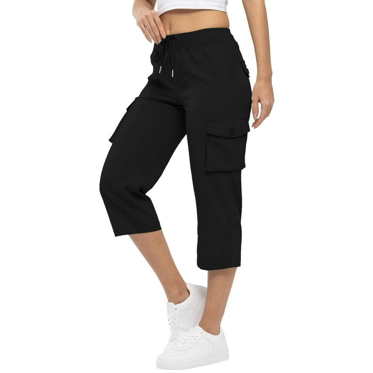 Womens Capri Cargo Pants Athletic Drawstring Lightweight High Waisted Cropped Pants Casual Hiking Joggers with Pockets Black L Walmart