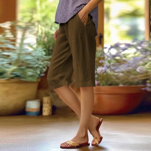 Womens Capri High Waisted Cropped Trousers Loose Fit Wide Leg Casual Pants with Pockets for Summer Beach Vacation Shopping, L 2XL
