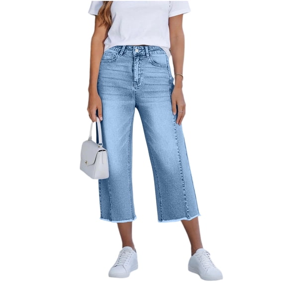 Womens Capri Jeans Mid Rise Straight Leg Denim Jeans with Pockets Stretchy Distressed Denim Pants Summer Trendy Clothes for Daily Wear