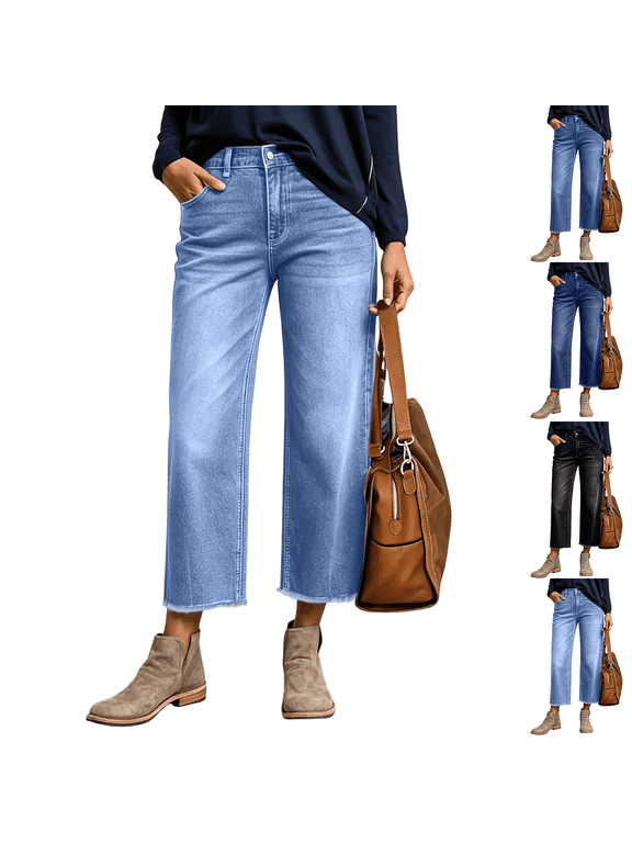 Womens Capri Jeans Stretchy Frayed Raw Hem Wide Leg Cropped Jeans with Pockets Summer Trendy High Waisted Denim Pants