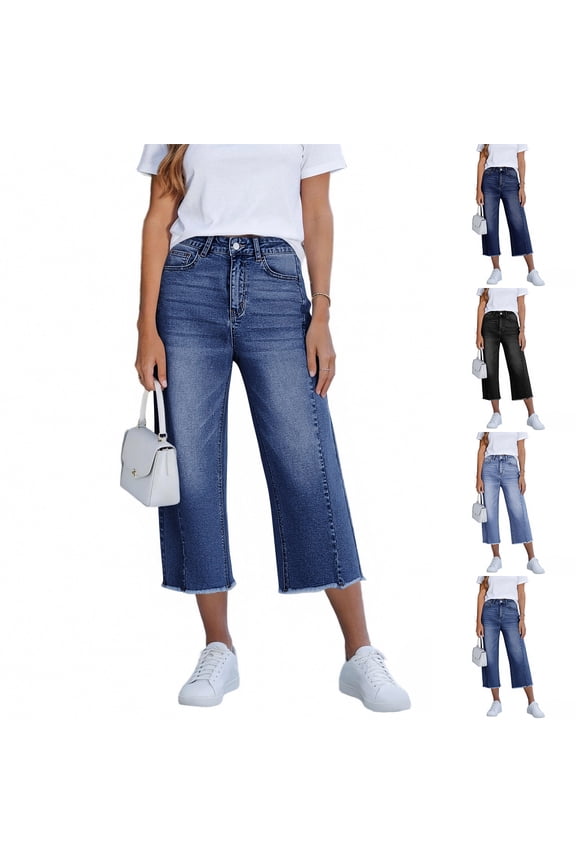 Womens Capri Jeans Stretchy Frayed Raw Hem Wide Leg Cropped Jenas with Pockets 2026 Summer High Waisted Denim Pants, XL