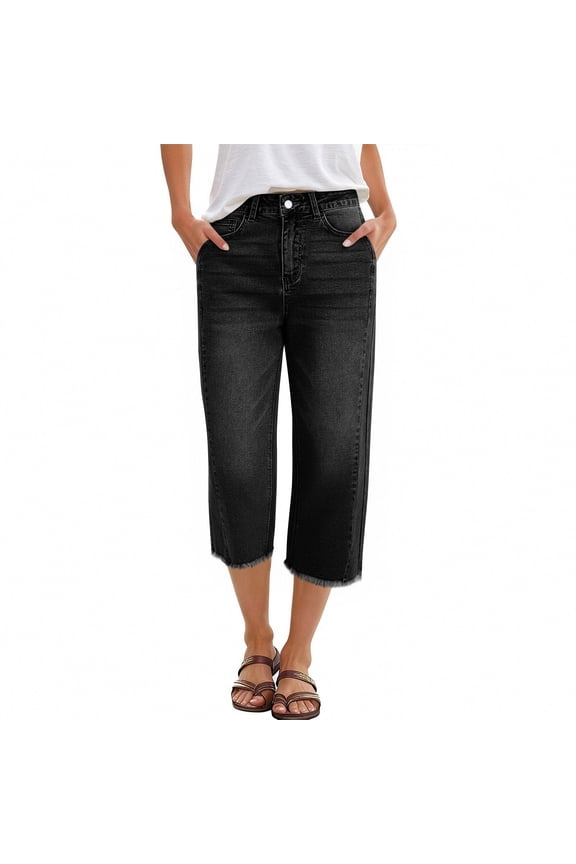 Womens Capri Jeans Stretchy Frayed Raw Hem Wide Leg Cropped Jenas with Pockets Summer High Waisted Denim Pants