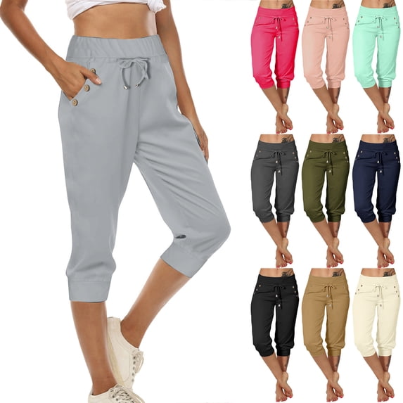Yourumao Womens Capri Joggers Solid Drawstring Elastic Waisted Pants Comfy Cinch Bottom Capris Summer Running Pants with Pocket