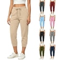 thumbnail image 1 of Womens Capri Joggers with Thin Fleece Drawstring Lounge Sweatpants Beige Cropped Pants with Pockets Size L, 1 of 9