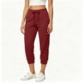 thumbnail image 1 of Womens Capri Joggers with Thin Fleece Drawstring Lounge Sweatpants Red Cropped Pants with Pockets Size XL, 1 of 9