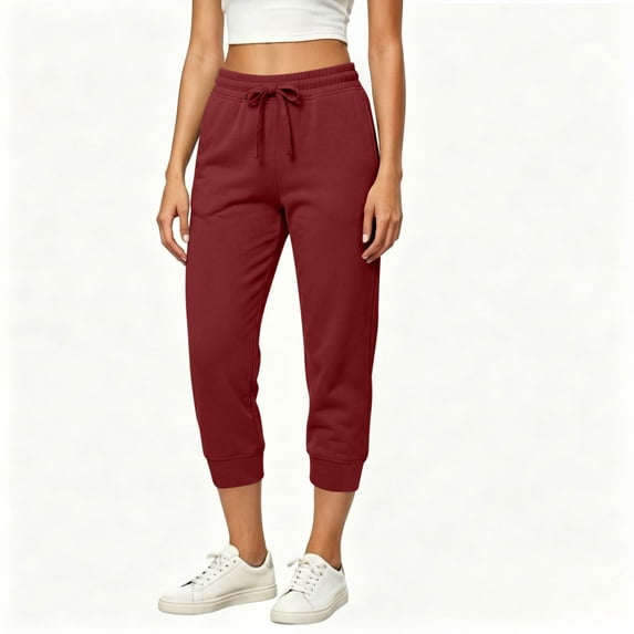Womens Capri Joggers with Thin Fleece Drawstring Lounge Sweatpants Red Cropped Pants with Pockets Size XL