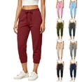 thumbnail image 1 of Womens Capri Joggers with Thin Fleece Drawstring Lounge Sweatpants Red Cropped Pants with Pockets Size XL, 1 of 10