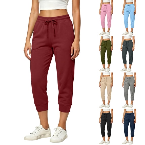 Womens Capri Joggers with Thin Fleece Drawstring Lounge Sweatpants Red Cropped Pants with Pockets Size XL