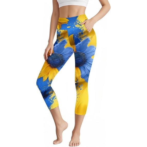 Womens Capri Leggings Daisy Print High Waisted Athletic Pants Lightweight Workout Pants Casual Summer Pull On Yoga Capris